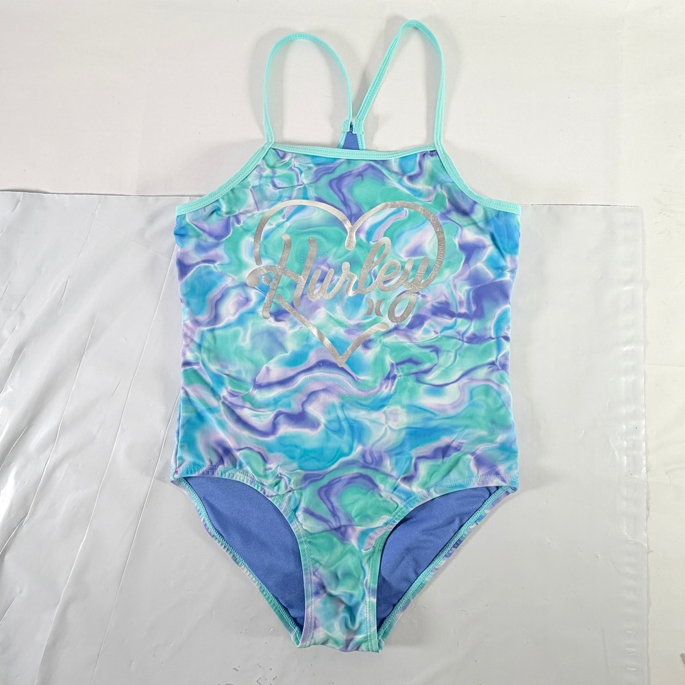 Hurley Girls Tie Dye One Piece Swimsuit Silver Heart Logo Size 7/8 Blue Green